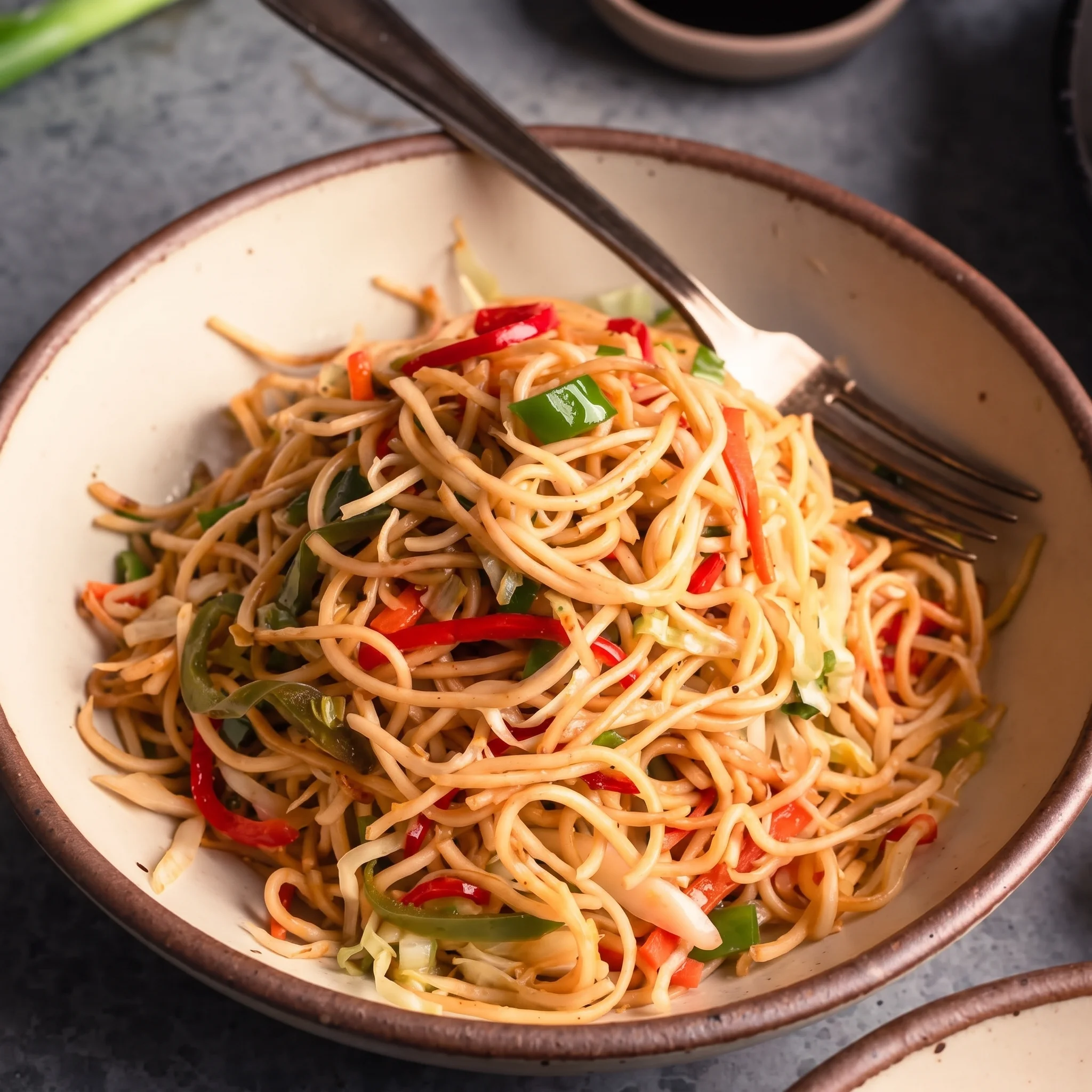 Hakka-style stir-fried noodles with vegetables and soy sauce at Indian Spice Route in Niagara Falls, ON