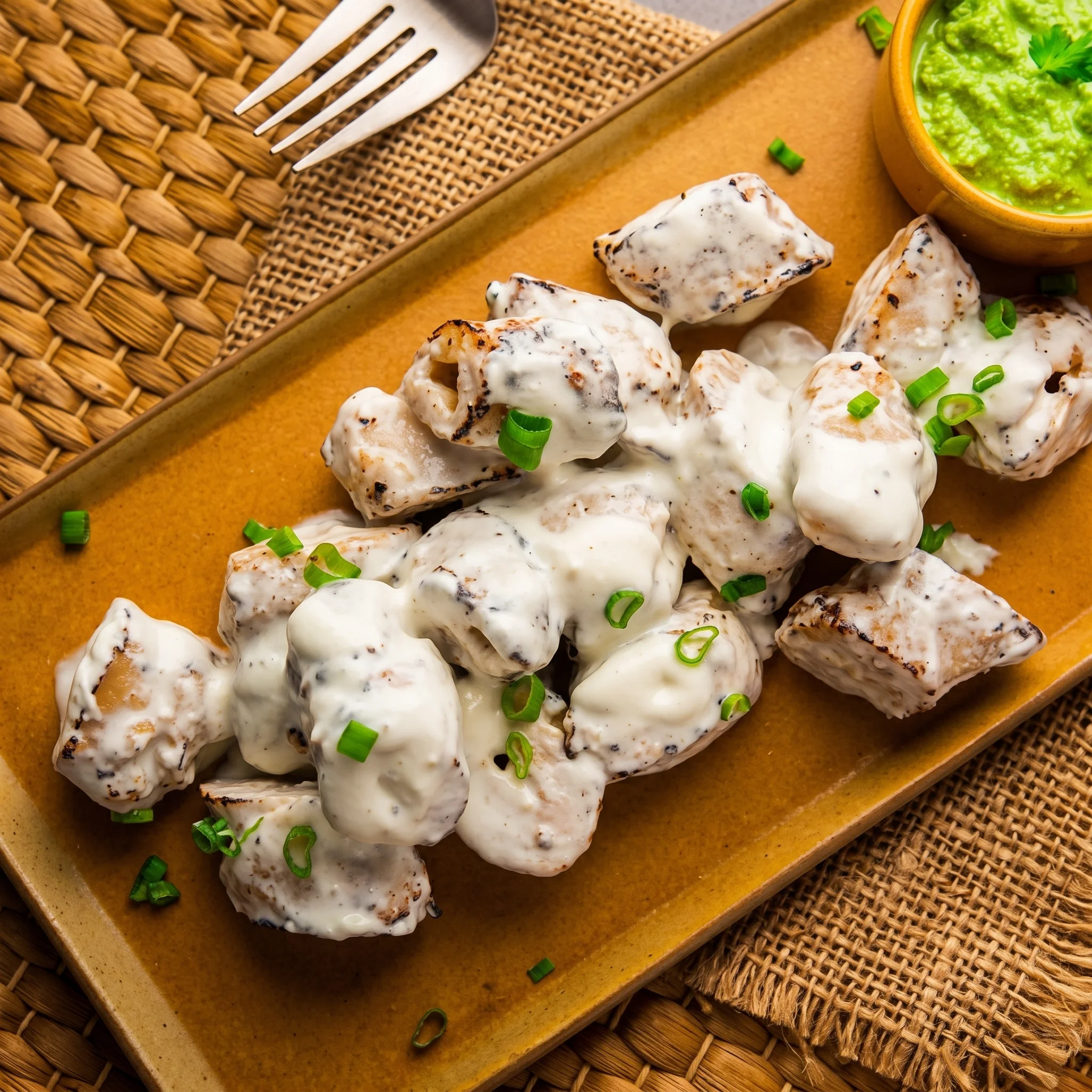 Grilled malai soya chaap in a creamy cashew marinade at our Indian restaurant in Niagara Falls, ON