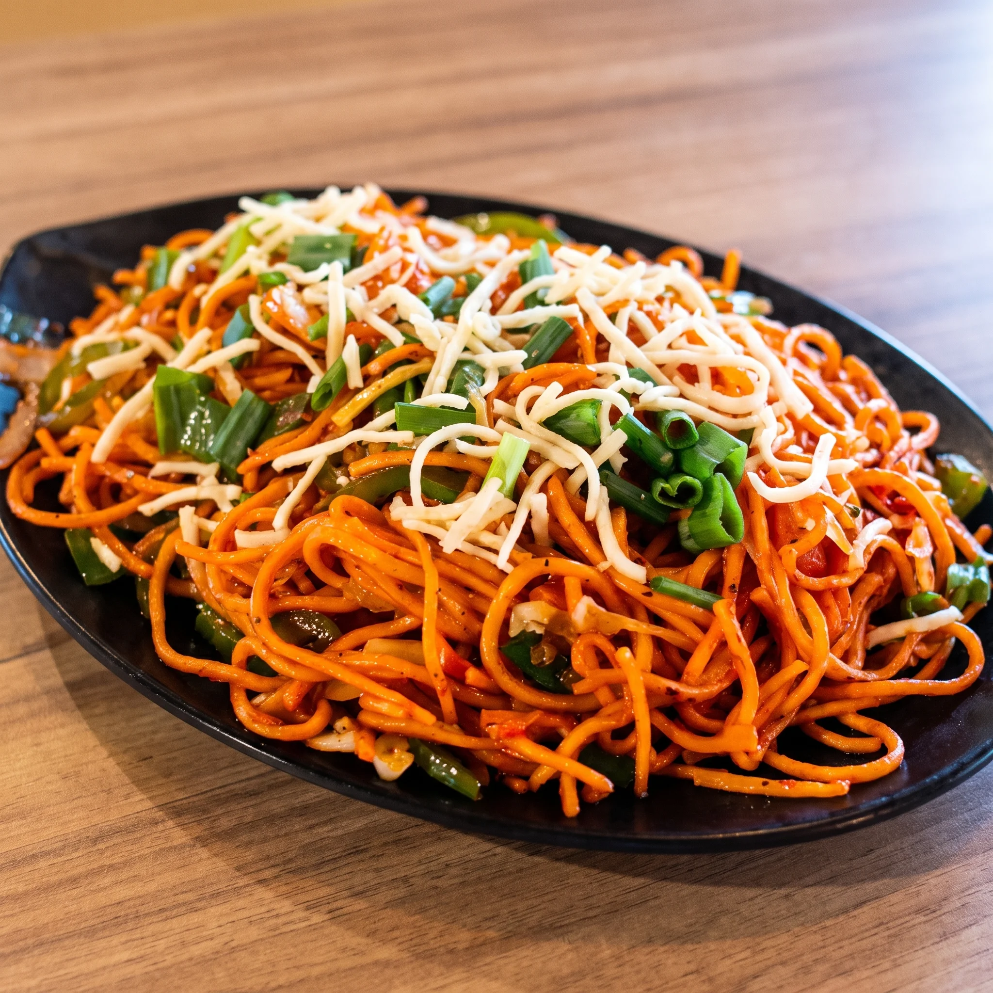 Spicy Schezwan noodles tossed with garlic and vegetables at our Hakka Chinese kitchen in Niagara Falls, ON