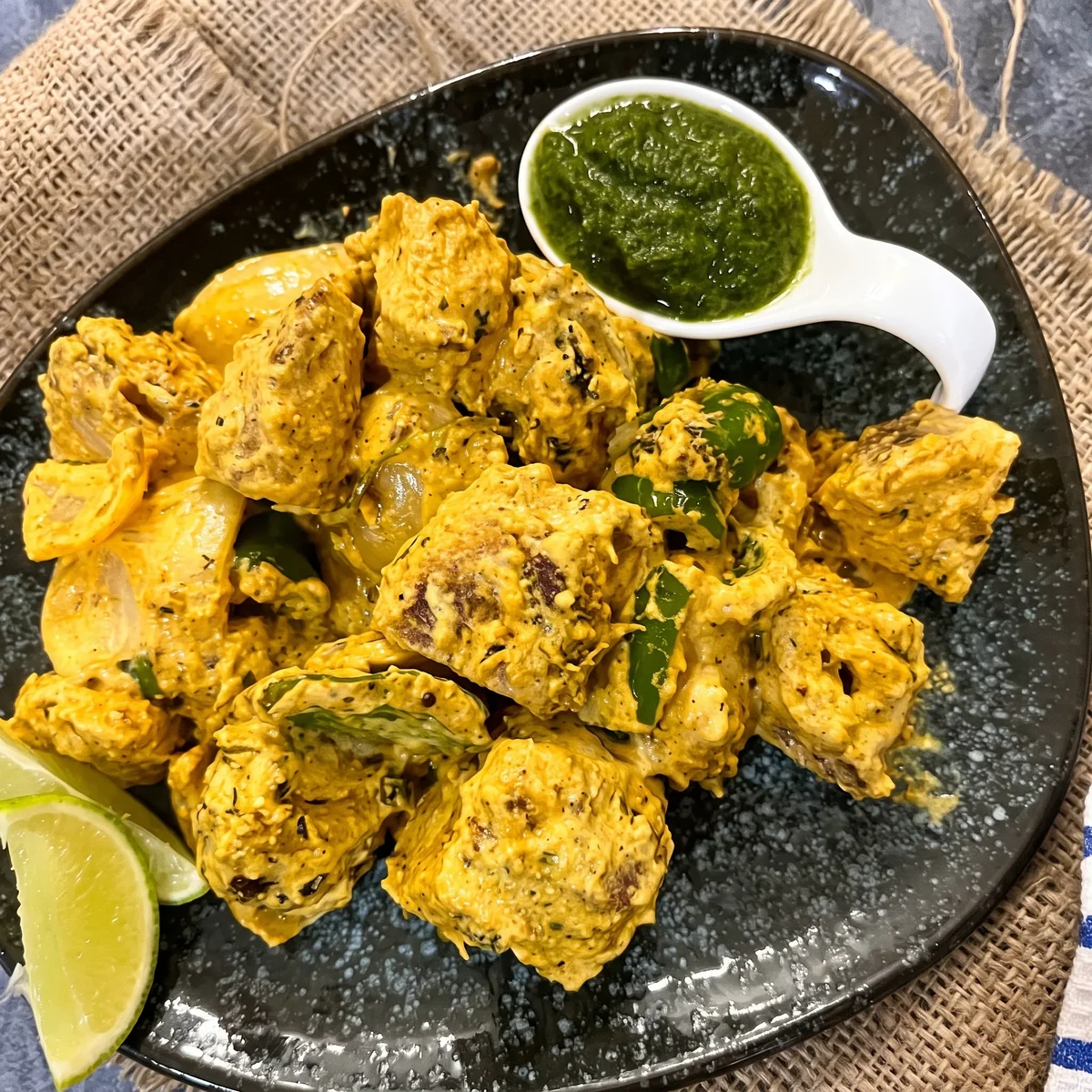 Achari soya chaap marinated in tangy pickling spices and mustard oil at Indian Spice Route in Niagara Falls, ON